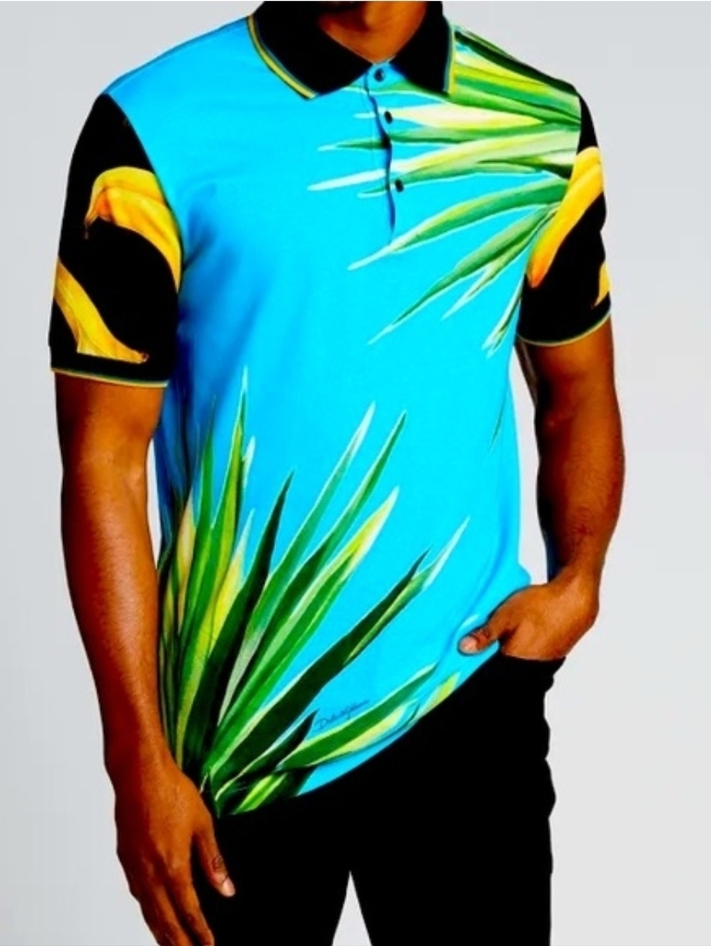 DOLCE & GABBANA Palm Leaf Banana DG Logo Cotton Polo Shirt Blue Black Sz 50/L